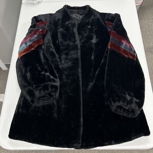 Casper Faux Fur Coat Womens 11 Black Borg Fabric Chevron Stripe Vintage